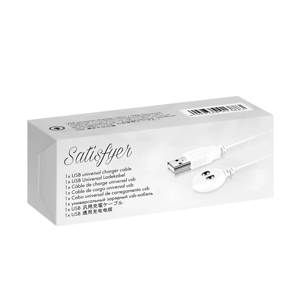White satisfyer usb universal charger cable with a sleek rounded plug head for satisfyer pro 2 g2 rose gold clitoral stimulator