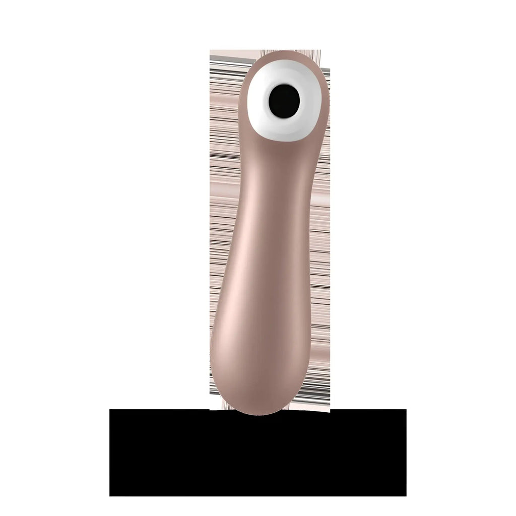 A sleek rose gold silicone satisfyer pro 2 plus g2 clitoral stimulator with a smooth body and white button on top