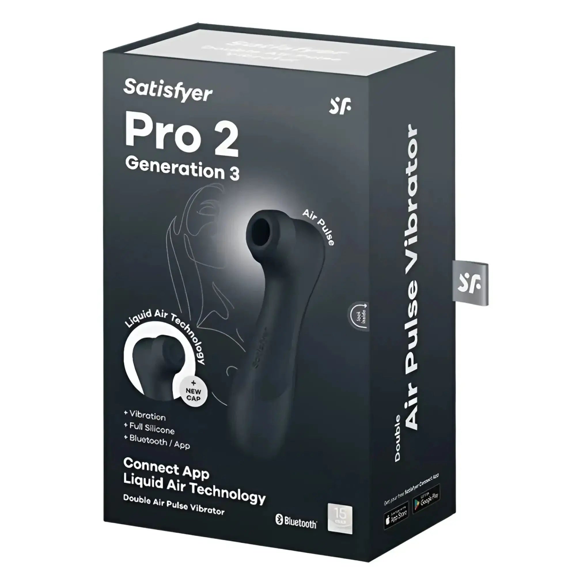 Black satisfyer pro 2 gen 3 double air pulse vibrator with full silicone body and bluetooth connectivity