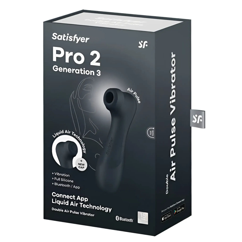 Black satisfyer pro 2 gen 3 double air pulse vibrator with full silicone body and bluetooth connectivity