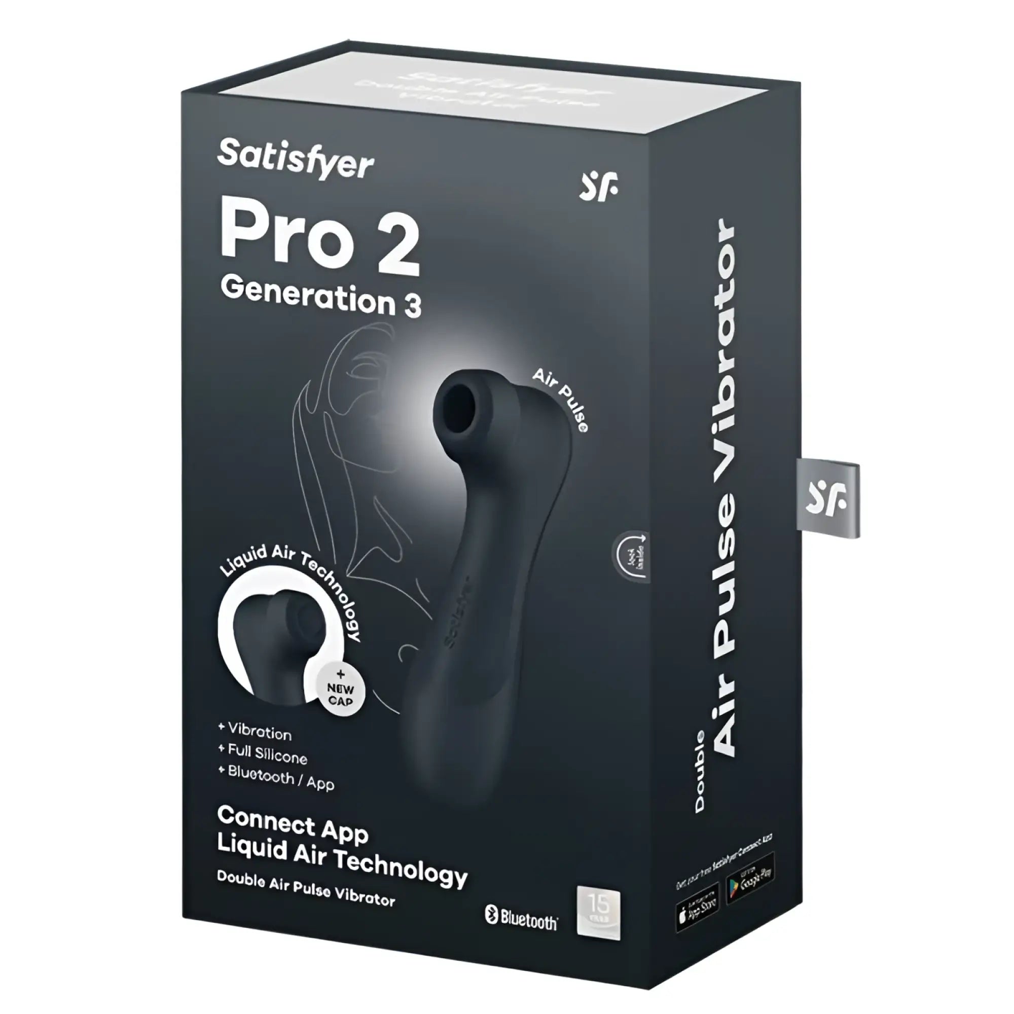 Black satisfyer pro 2 gen 3 double air pulse vibrator with full silicone body and bluetooth connectivity
