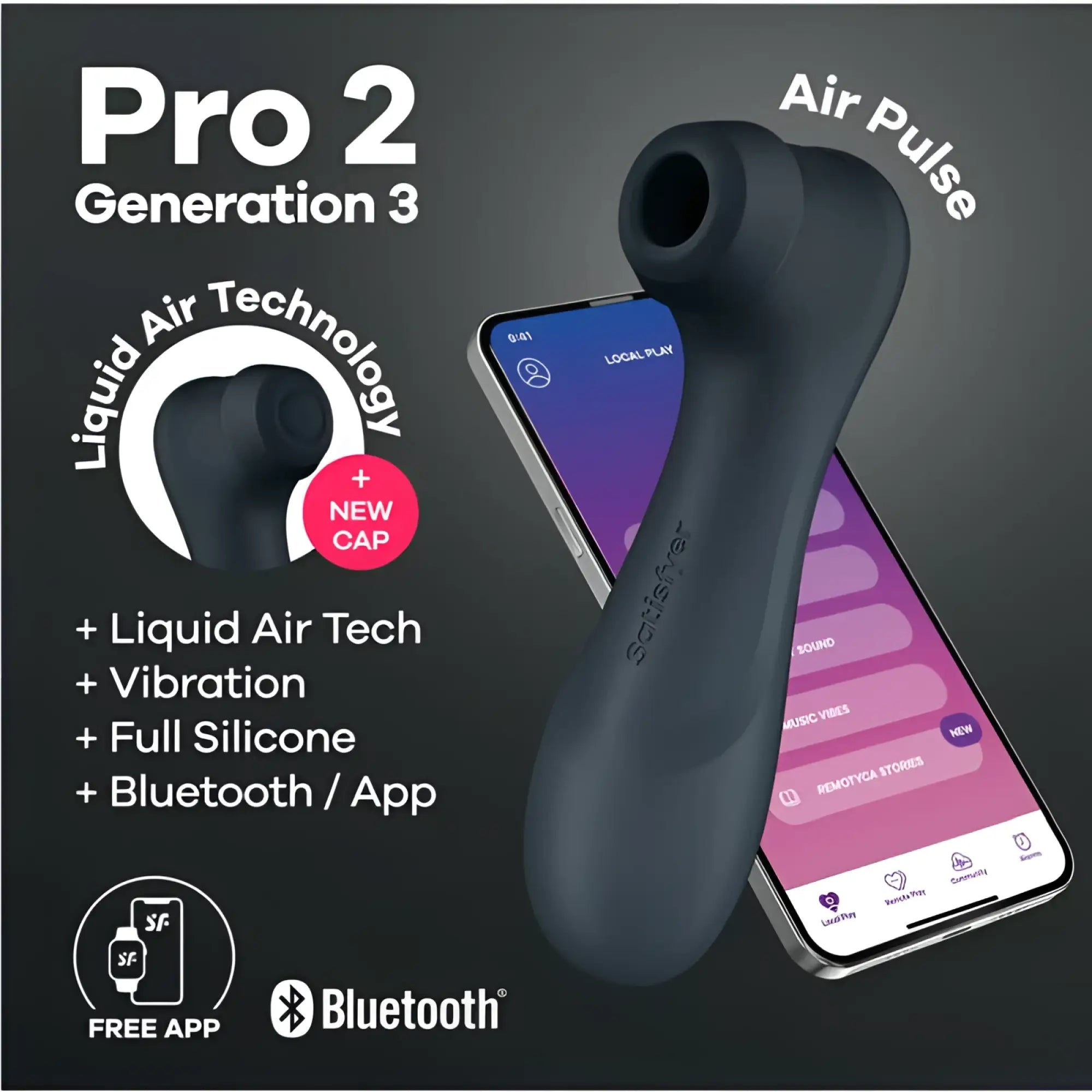 Black silicone adult toy satisfyer pro 2 gen 3 clitoral stimulator with air pulse technology and bluetooth connectivity