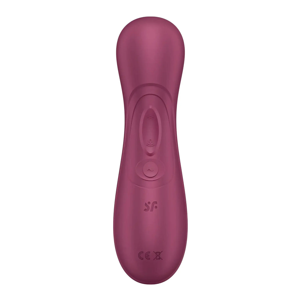 A sleek matte-finish wine red satisfyer pro 2 gen 3 app control clitoral stimulator with ergonomic design and two buttons