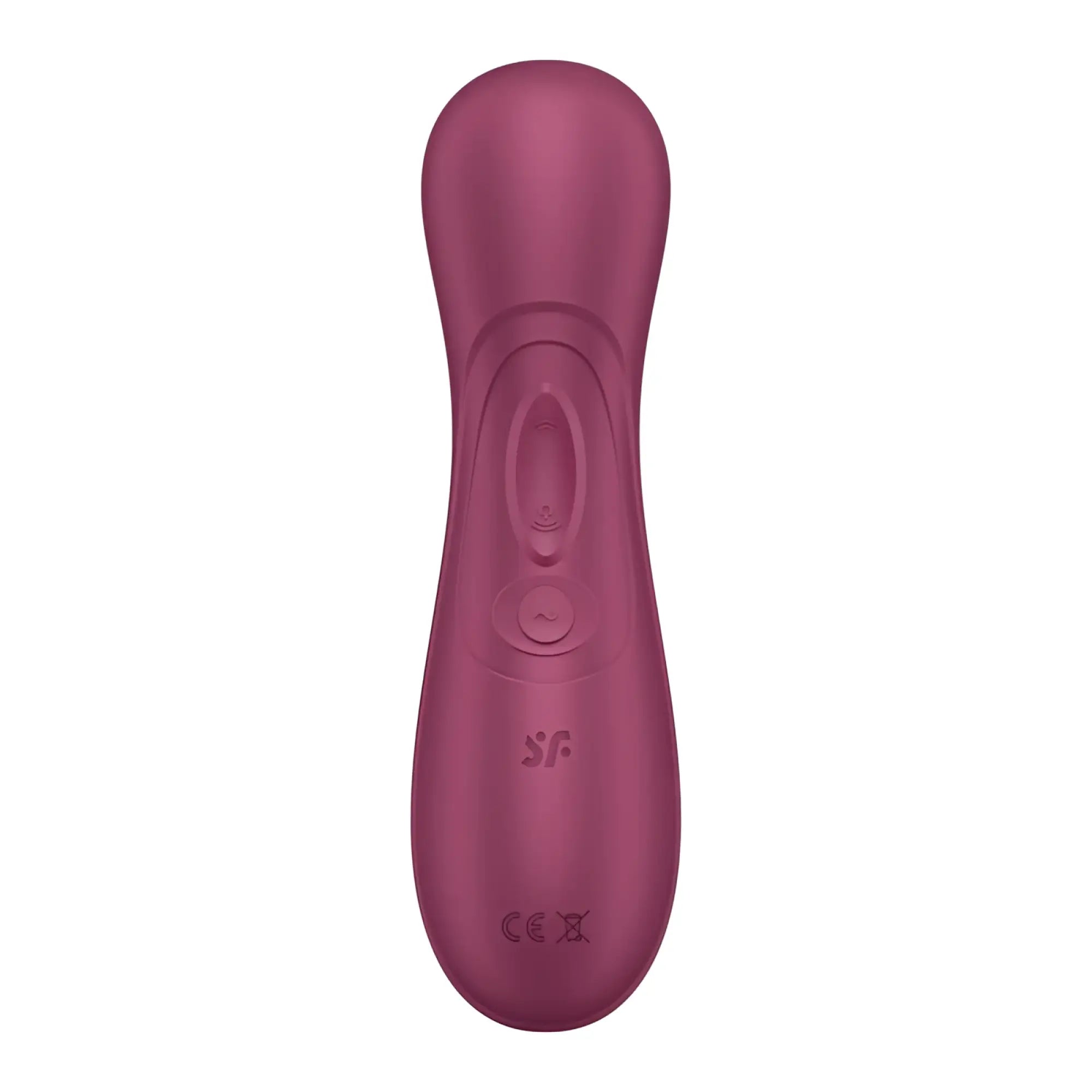A sleek matte-finish wine red satisfyer pro 2 gen 3 app control clitoral stimulator with ergonomic design and two buttons