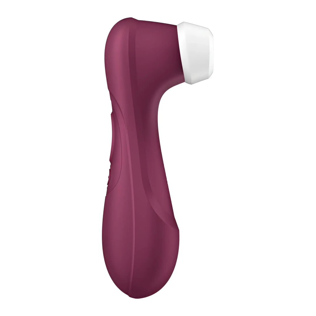 A sleek matte burgundy and white satisfyer pro 2 gen 3 app control clitoral stimulator with ergonomic grip