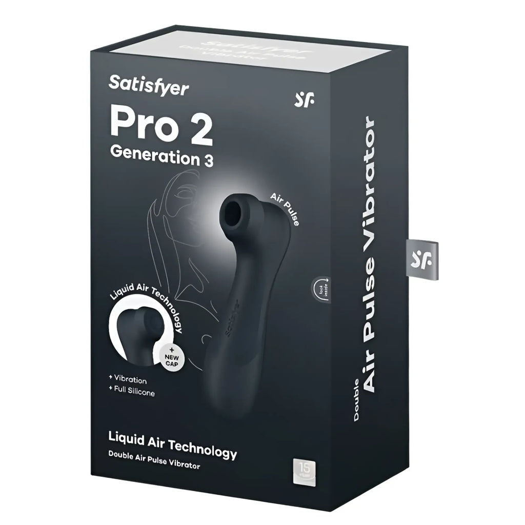 Black satisfyer pro 2 gen 3 clitoral stimulator with double air pulse, full silicone body, and liquid air technology