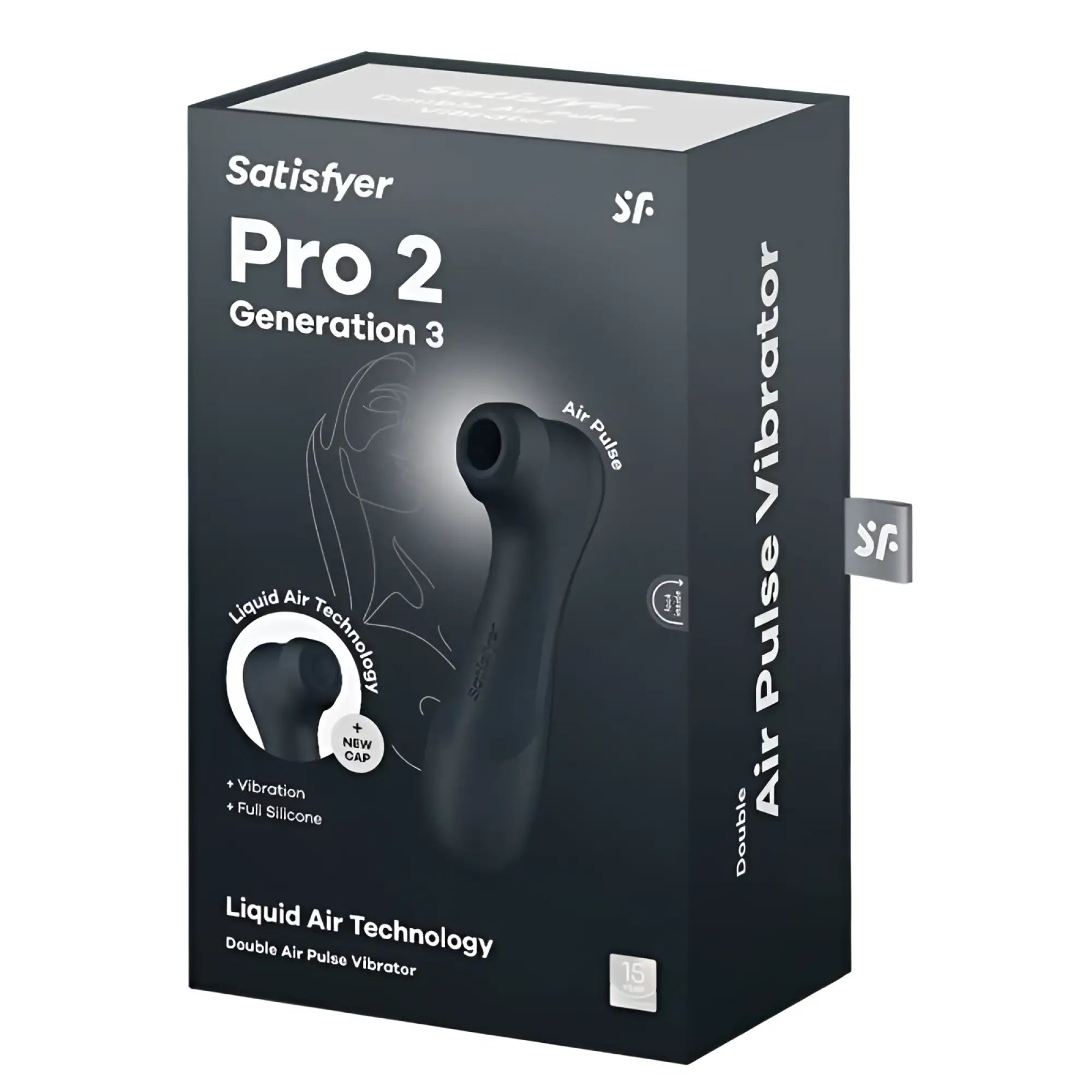 Black satisfyer pro 2 gen 3 clitoral stimulator with double air pulse, full silicone body, and liquid air technology