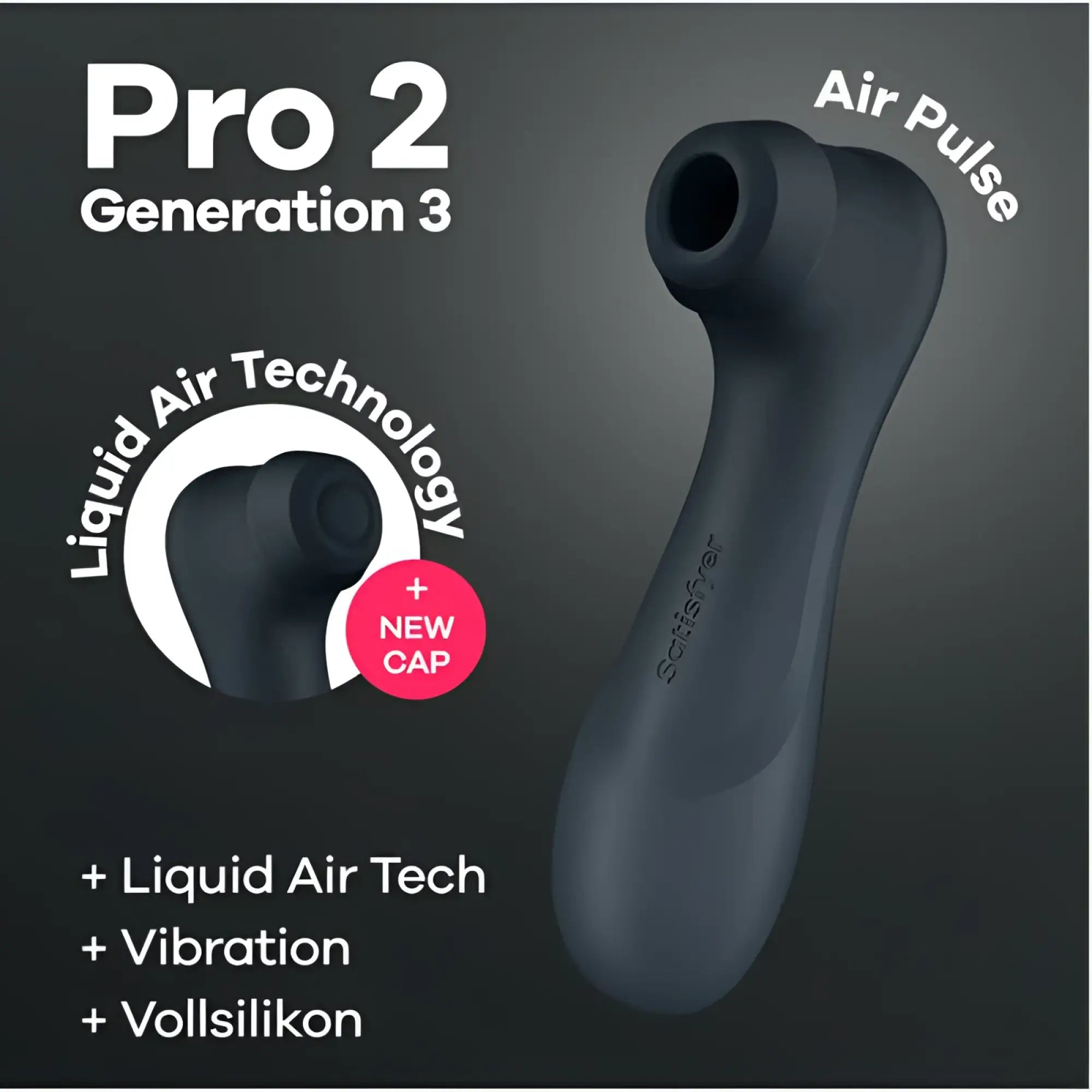 Black silicone satisfyer pro 2 gen 3 clitoral stimulator with curved ergonomic design and air pulse feature