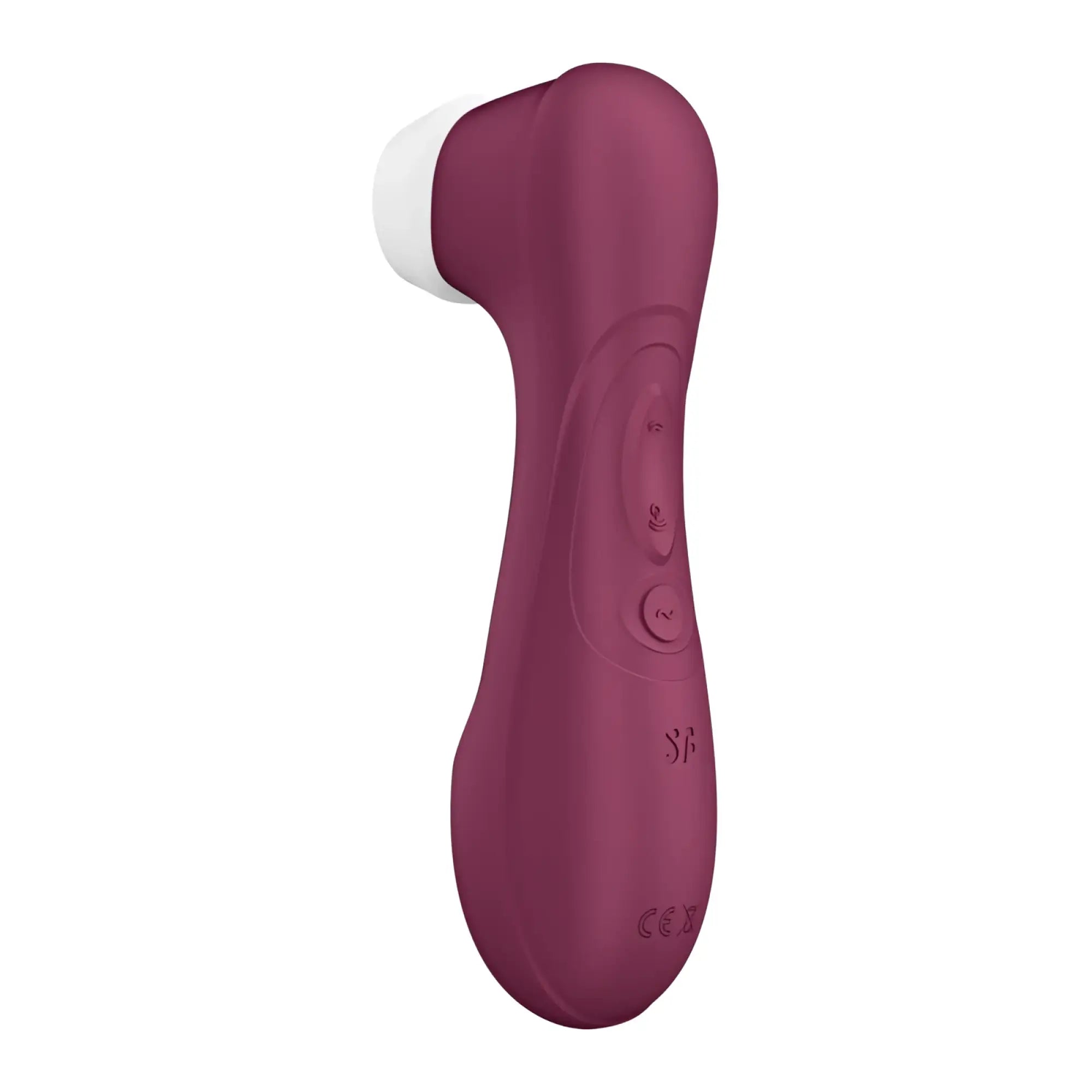 A sleek matte wine red silicone clitoral stimulator wand with a white rounded tip and two control buttons