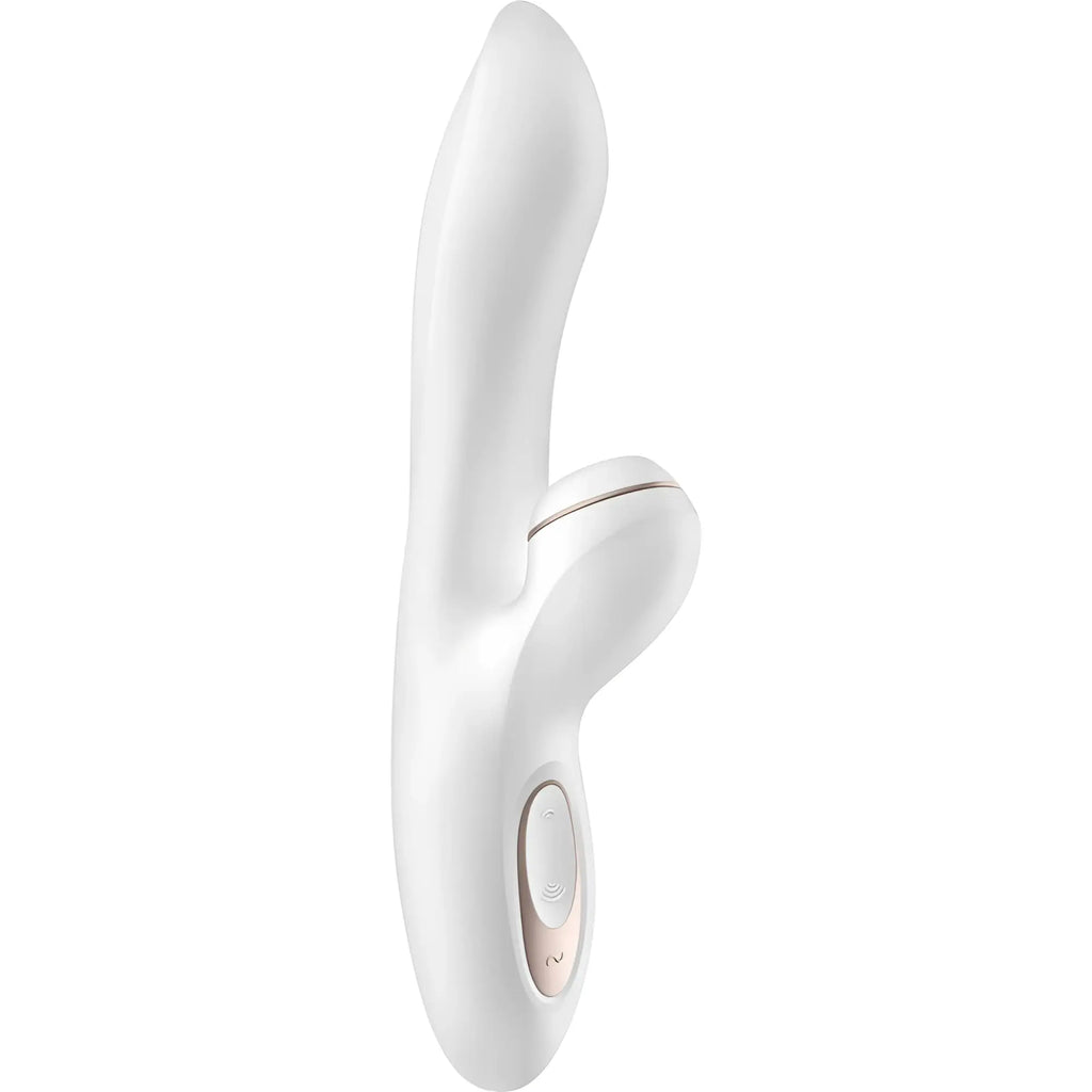 White silicone rabbit-shaped vibrator with rose gold accent button and control panel by satisfyer pro g-spot