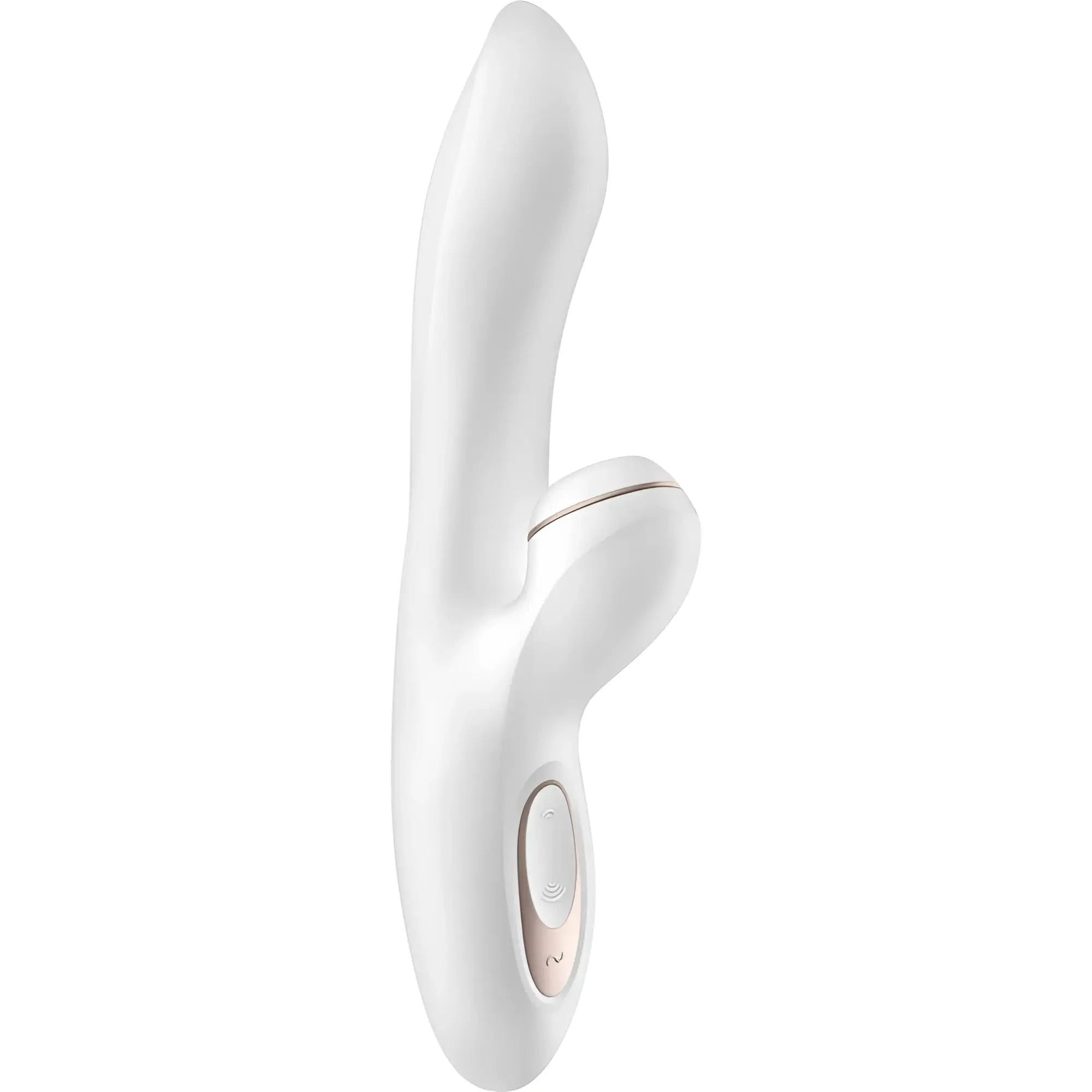 White silicone rabbit-shaped vibrator with rose gold accent button and control panel by satisfyer pro g-spot