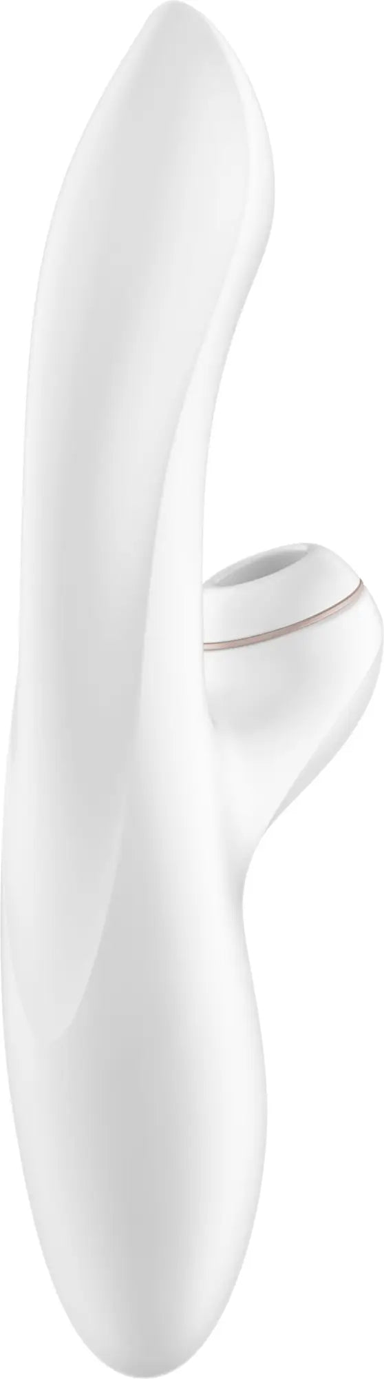 White silicone satisfyer pro plus g-spot toy with sleek curved design and small circular head for targeted stimulation