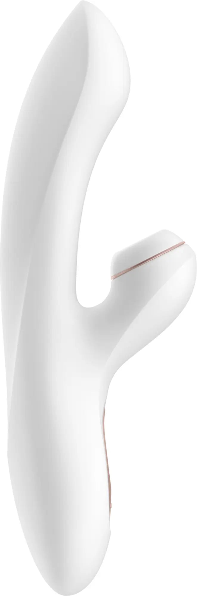 White sleekly curved Satisfyer Pro plus G-Spot adult toy with glossy finish and subtle rose gold accent line