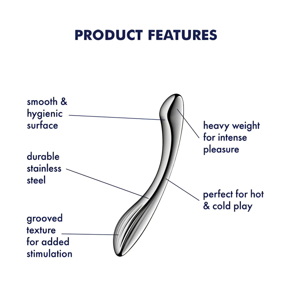 Satisfyer pure gravity 1 metal dildo in stainless steel with grooved texture and heavy weight for intense stimulation