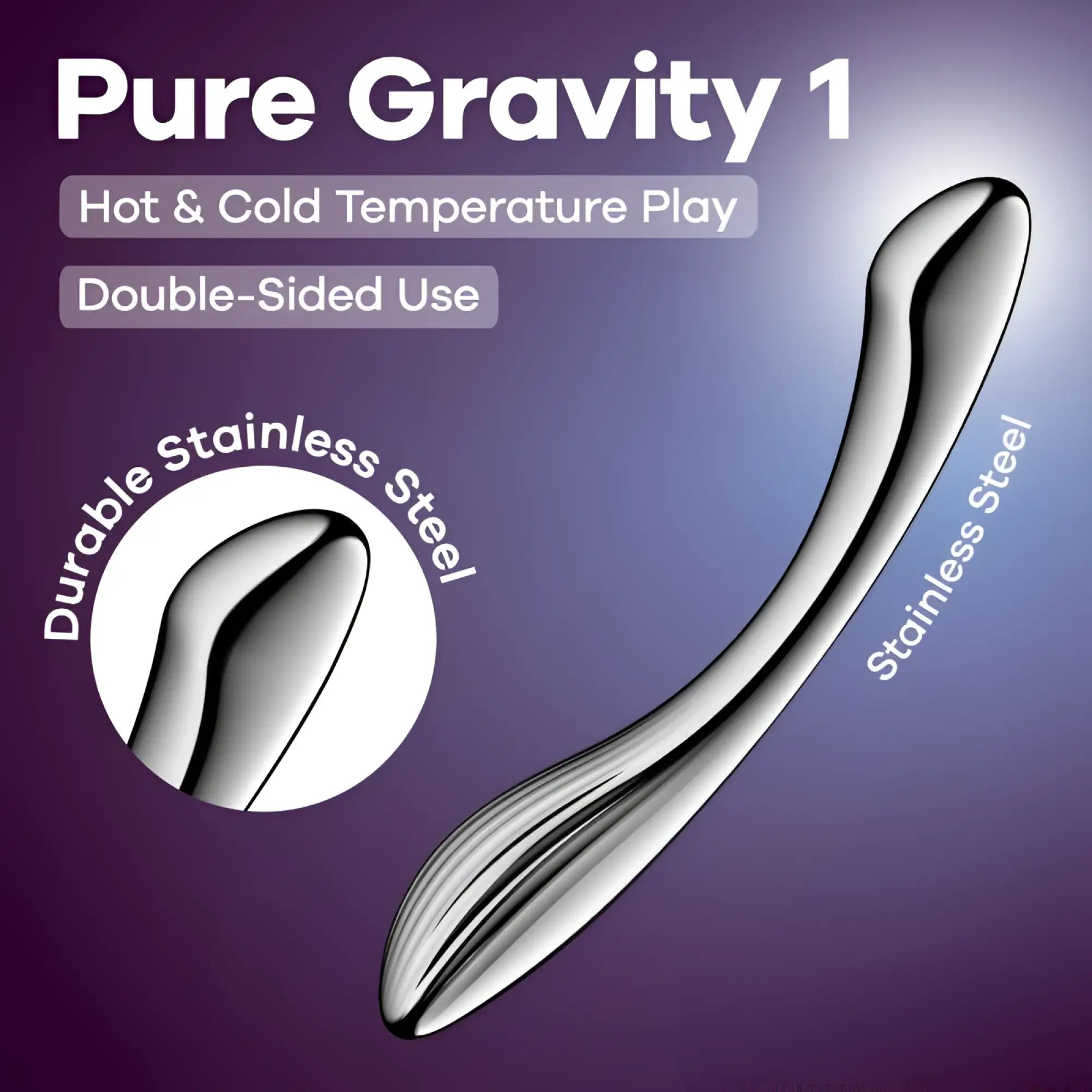 Silver-colored sleek stainless steel Satisfyer Pure Gravity 1 metal dildo with smooth polished dual-sided design