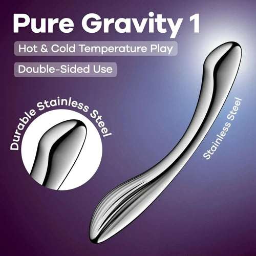 Silver-colored sleek stainless steel Satisfyer Pure Gravity 1 metal dildo with smooth polished dual-sided design