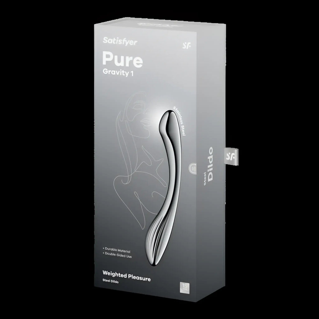 Satisfyer pure gravity 1 metal dildo in sleek silver steel packaging designed for durable pleasure use