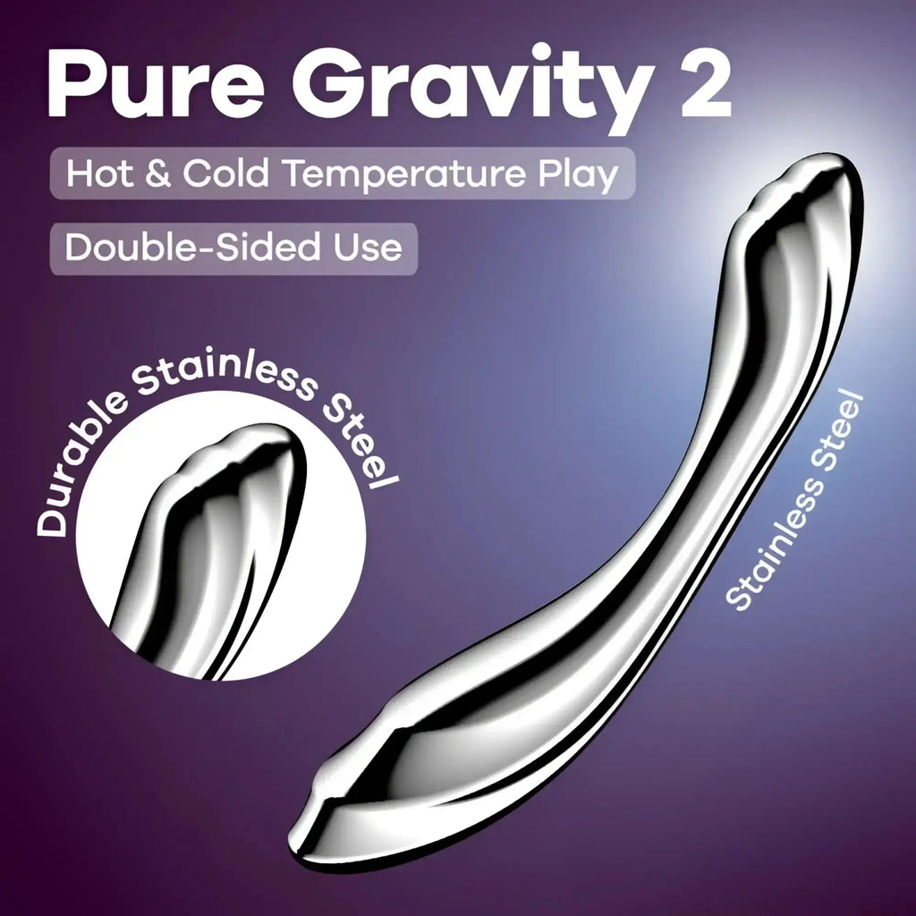 Satisfyer pure gravity 2 metal dildo sleek curved stainless steel toy with polished metallic finish