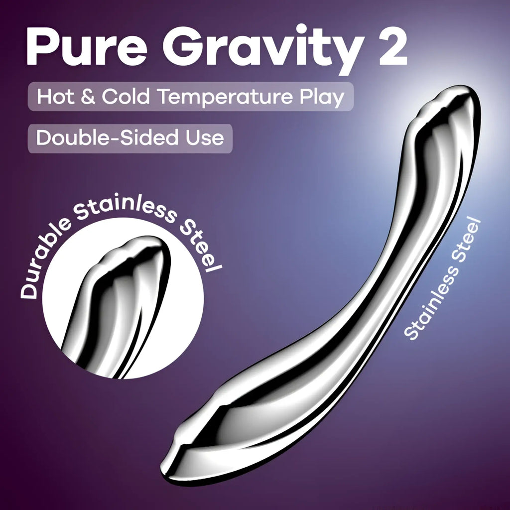 Satisfyer pure gravity 2 metal dildo sleek curved stainless steel toy with polished metallic finish