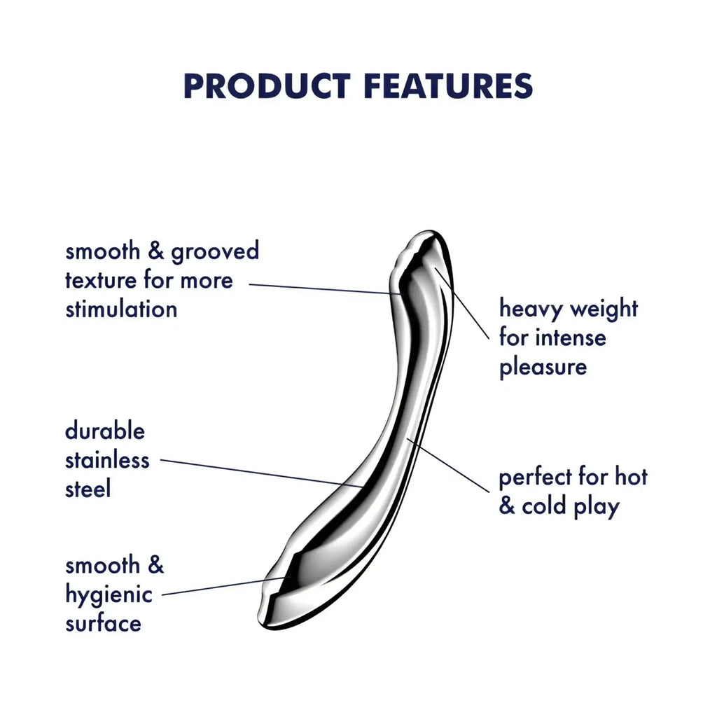 A sleek curved stainless steel metal dildo with smooth and grooved texture for stimulation by satisyer pure gravity 2