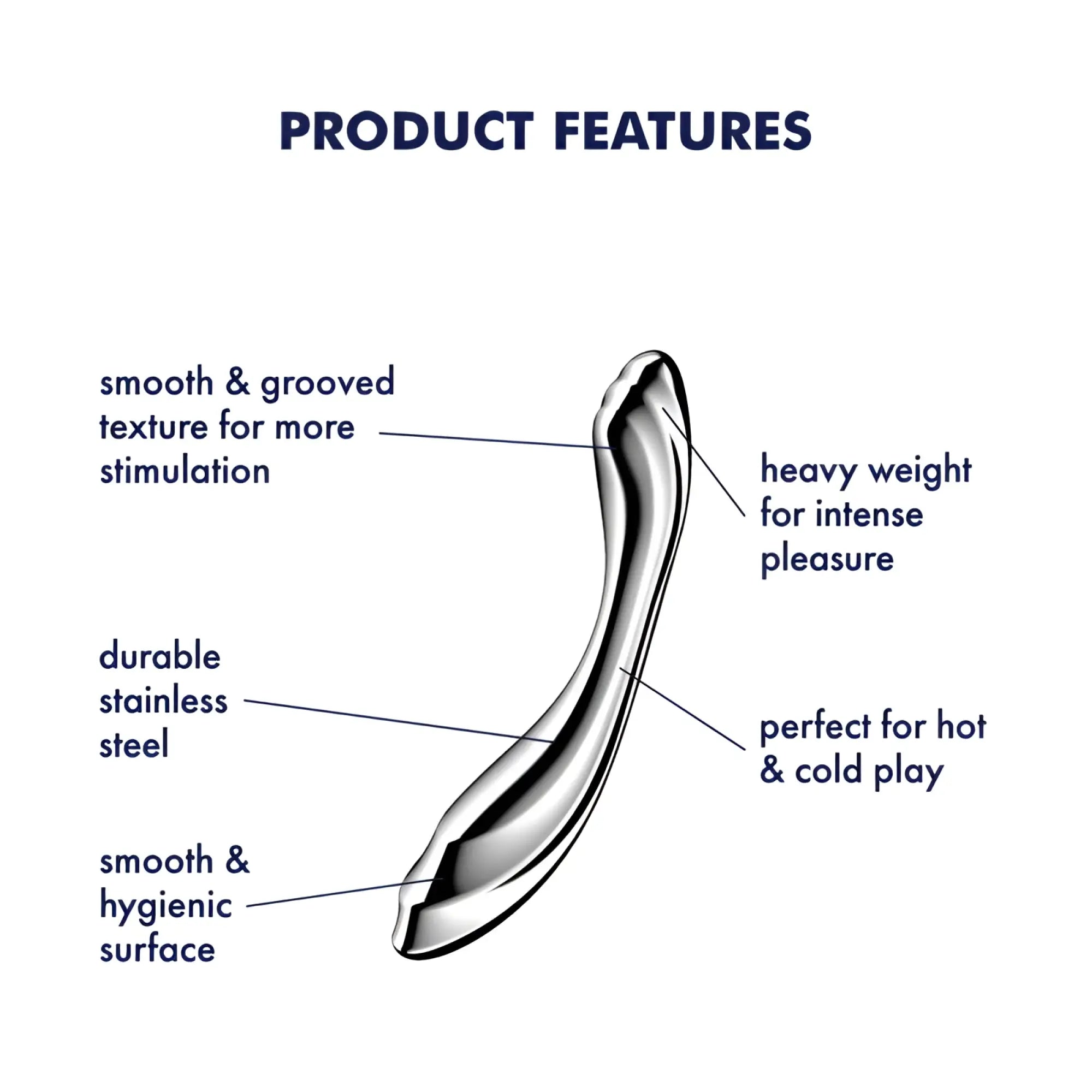A sleek curved stainless steel metal dildo with smooth and grooved texture for stimulation by satisyer pure gravity 2