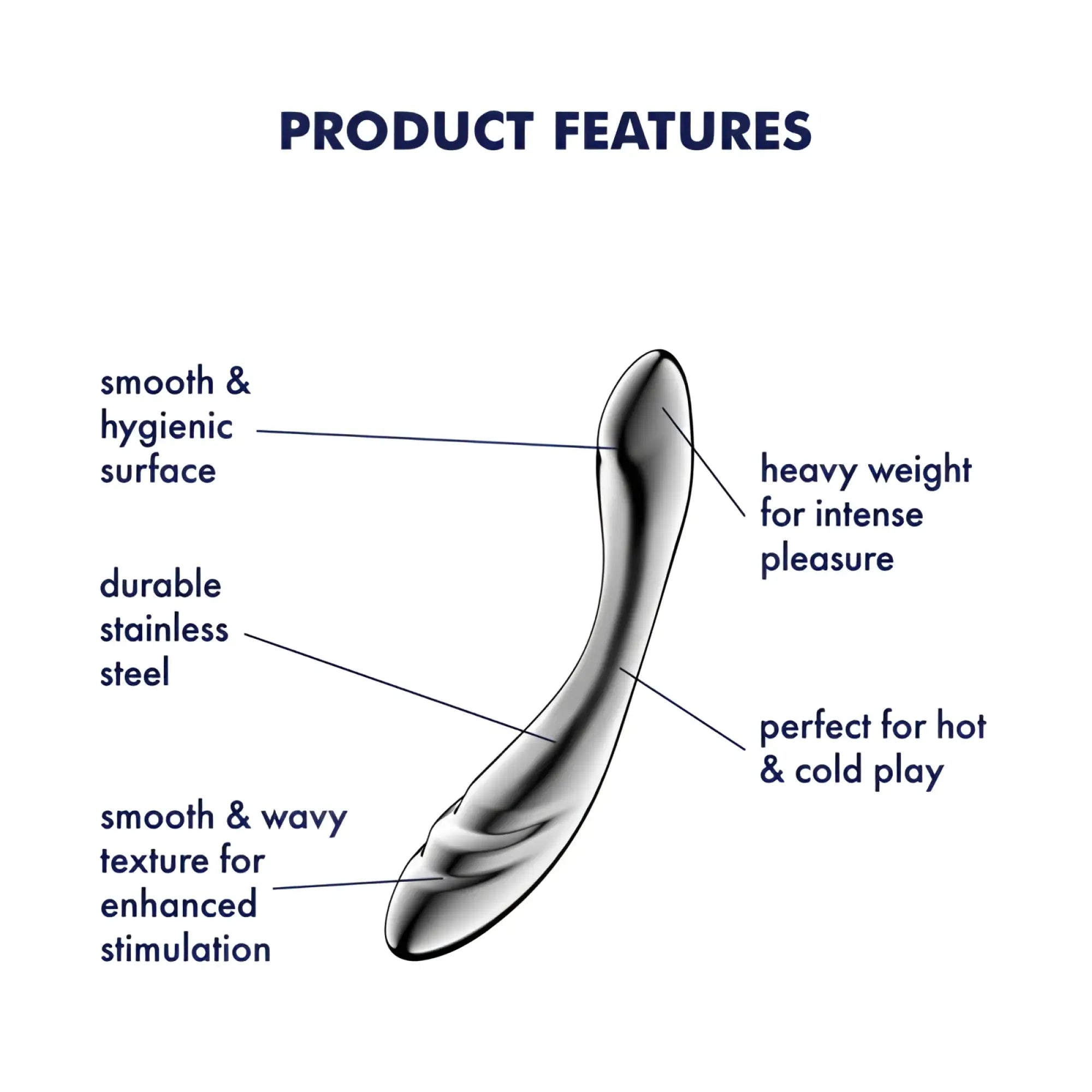 A sleek curved stainless steel metal dildo with smooth wavy texture from Satisfyer pure gravity 3