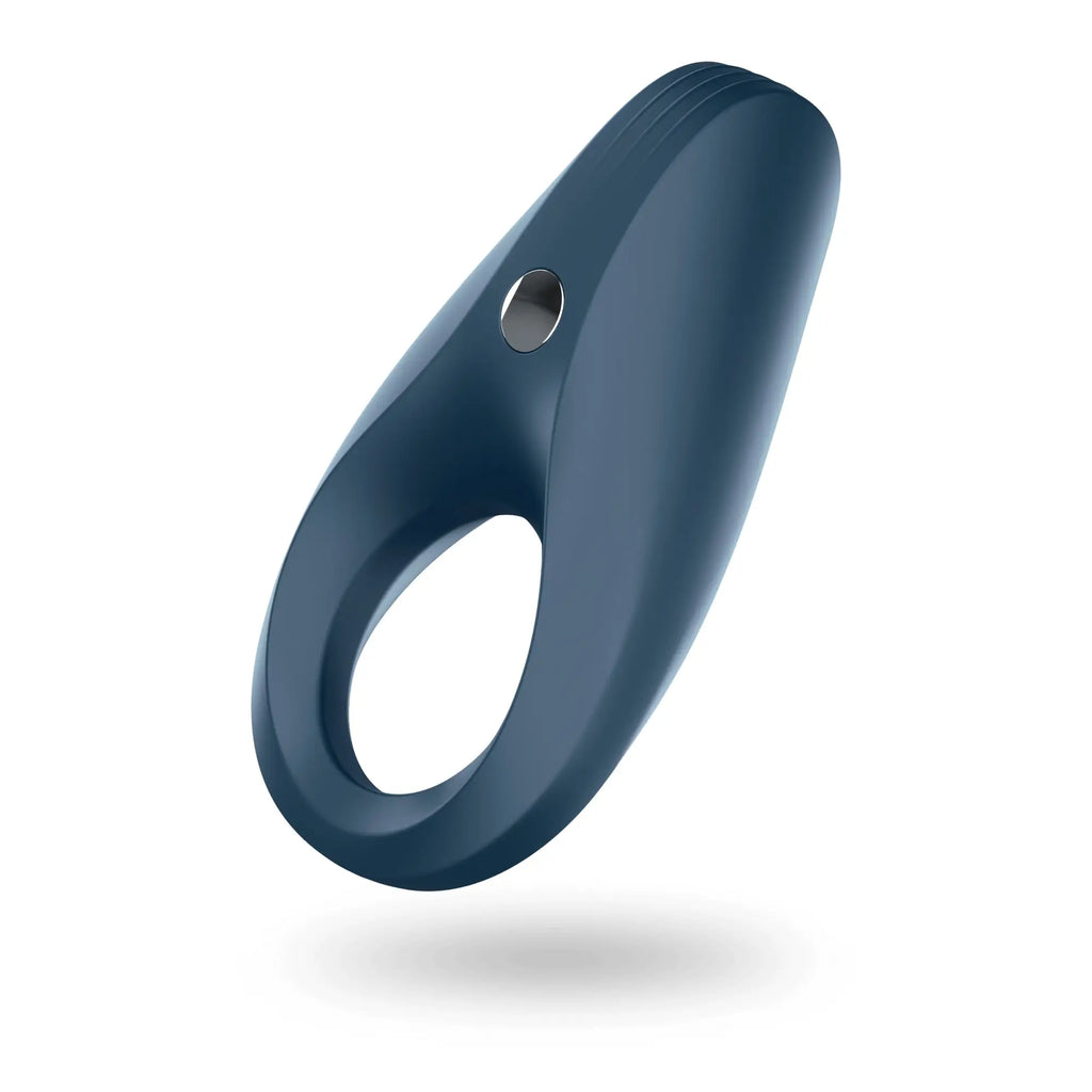 Dark blue silicone satisfyer rocket ring with smooth ergonomic design and small metallic button on top surface