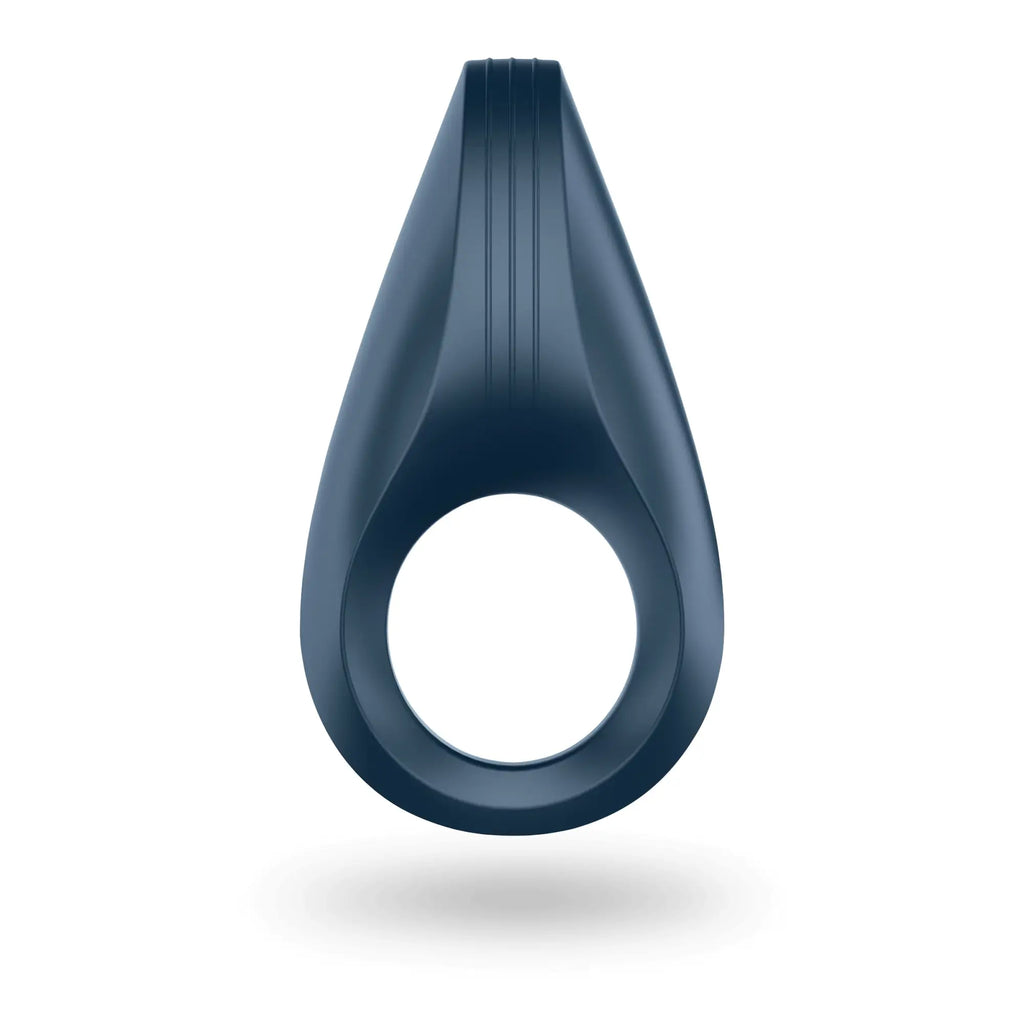 Dark blue silicone satisfyer rocket ring with teardrop design and vertical ridges on top surface