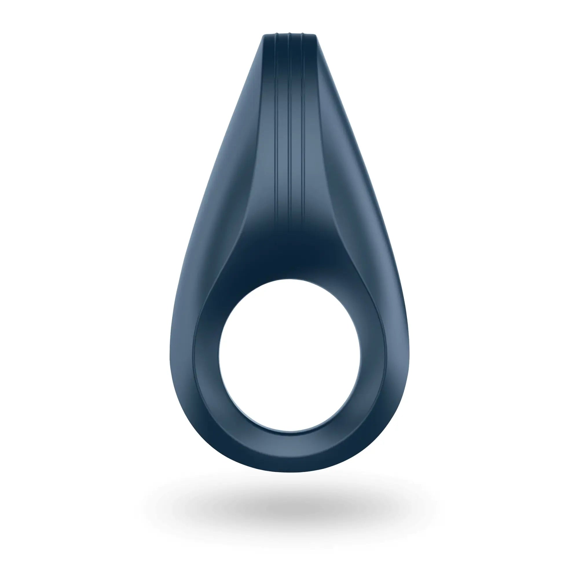 Dark blue silicone satisfyer rocket ring with teardrop design and vertical ridges on top surface