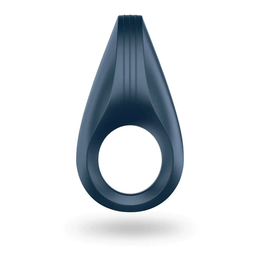 Dark blue silicone satisfyer rocket ring with teardrop design and vertical ridges on top surface