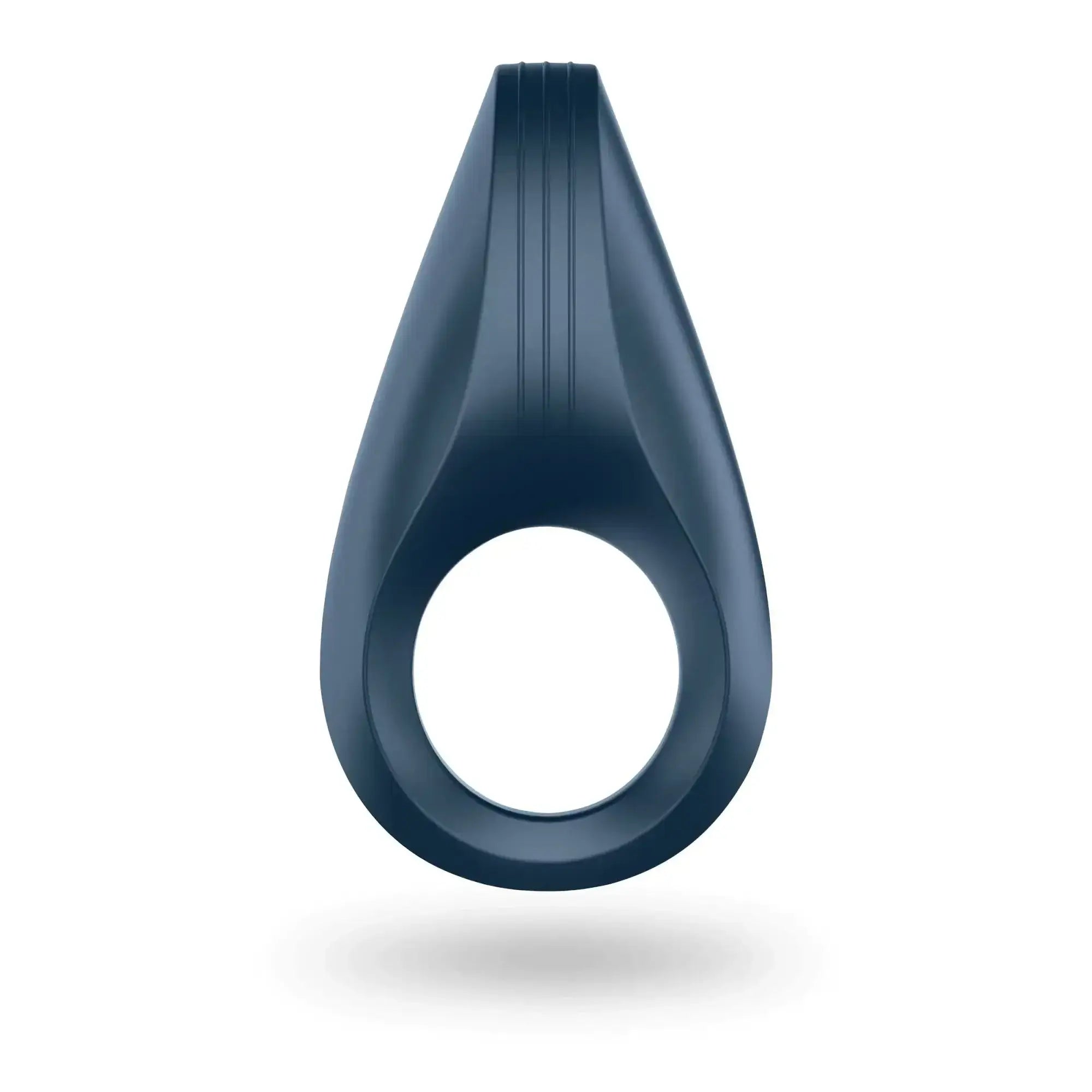 Dark blue silicone satisfyer rocket ring with teardrop design and vertical ridges on top surface
