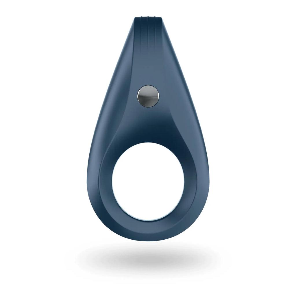 Dark blue teardrop-shaped silicone ring with silver button on top from satisfyer rocket ring collection