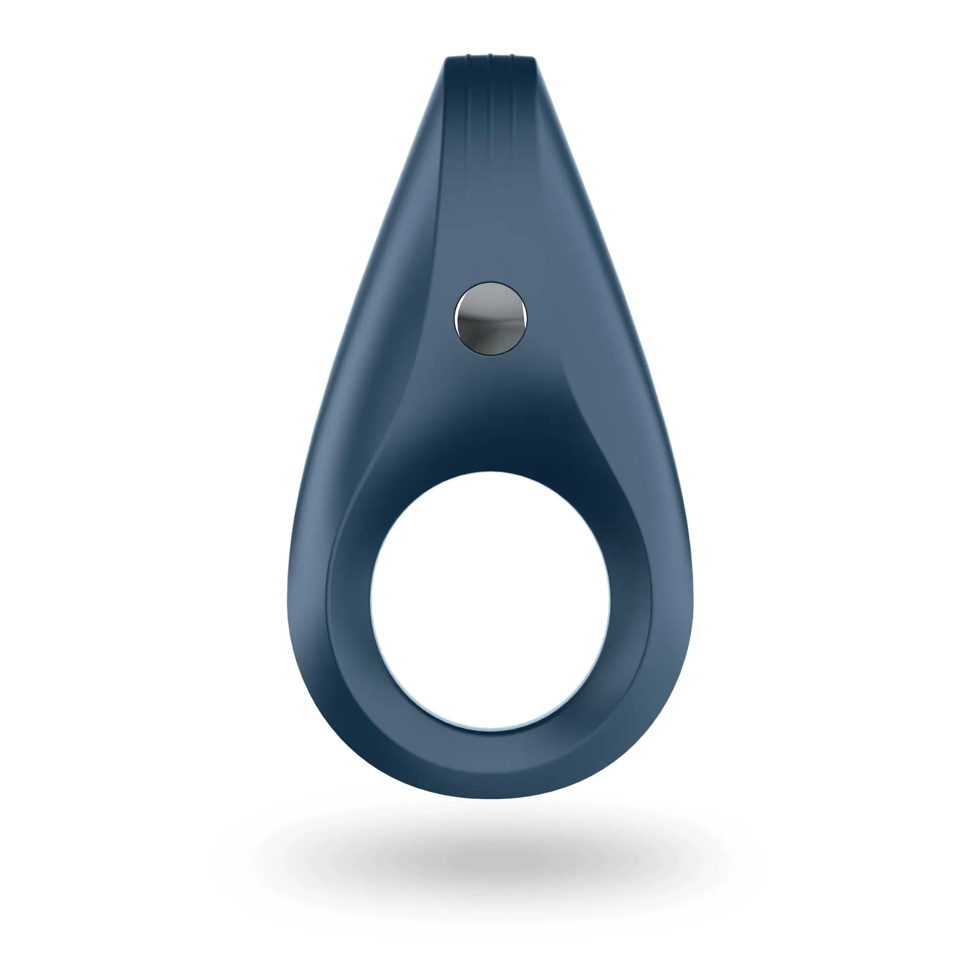 Dark blue teardrop-shaped silicone ring with silver button on top from satisfyer rocket ring collection