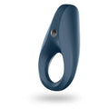 A sleek matte navy blue silicone satisfying ring with ergonomic design and a metallic button from Satisfyer Rocket Ring