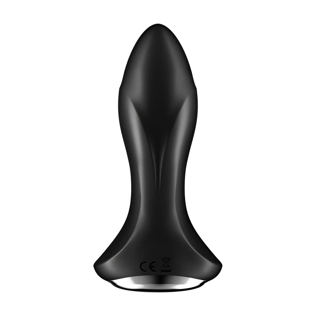 Black silicone anal plug with sleek tapered design and metallic base from satisfyer satisfyer rotator plug 1 plus black