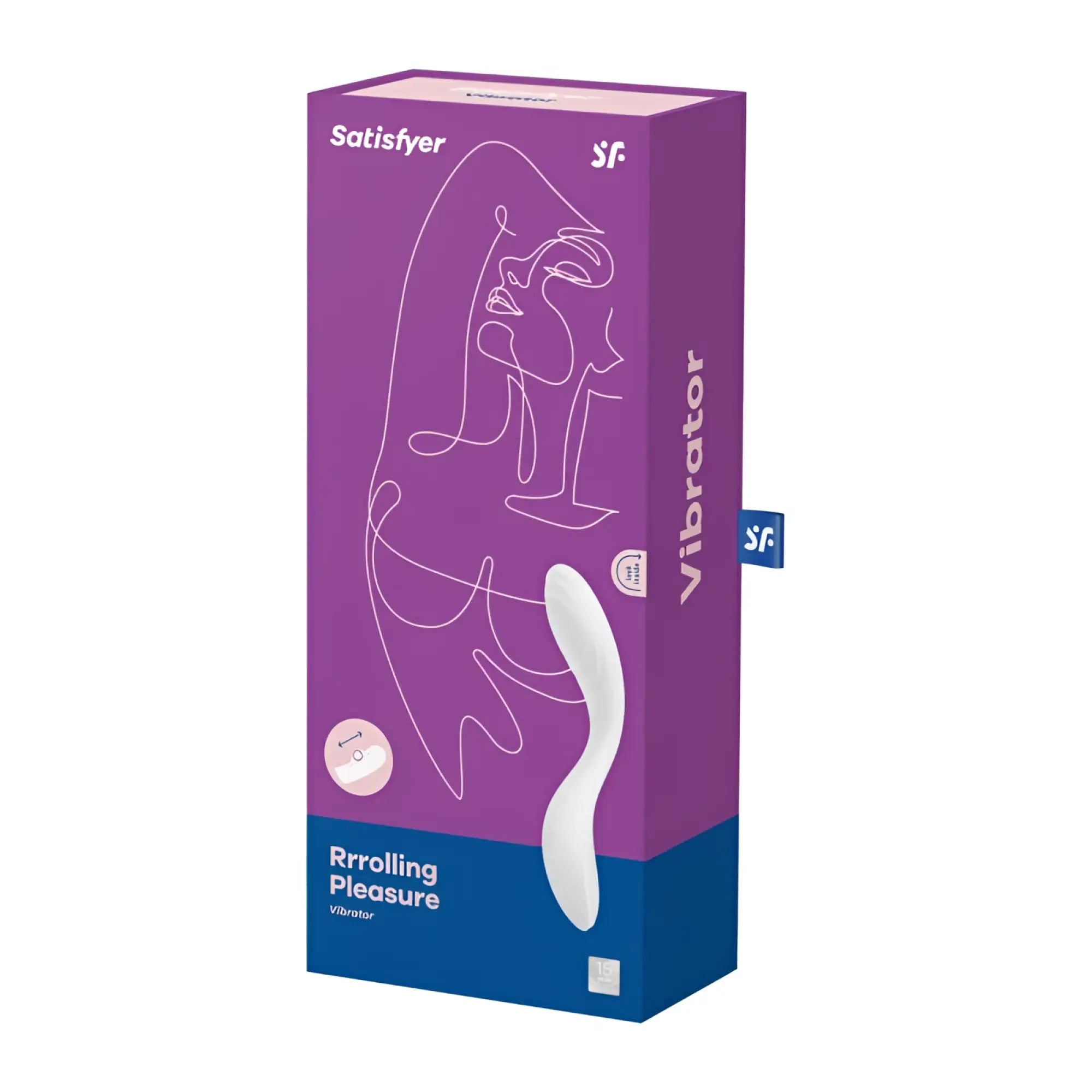 Purple and blue box for the satisfyer rrrolling pleasure g-spot vibrator featuring a white silicone device on the front