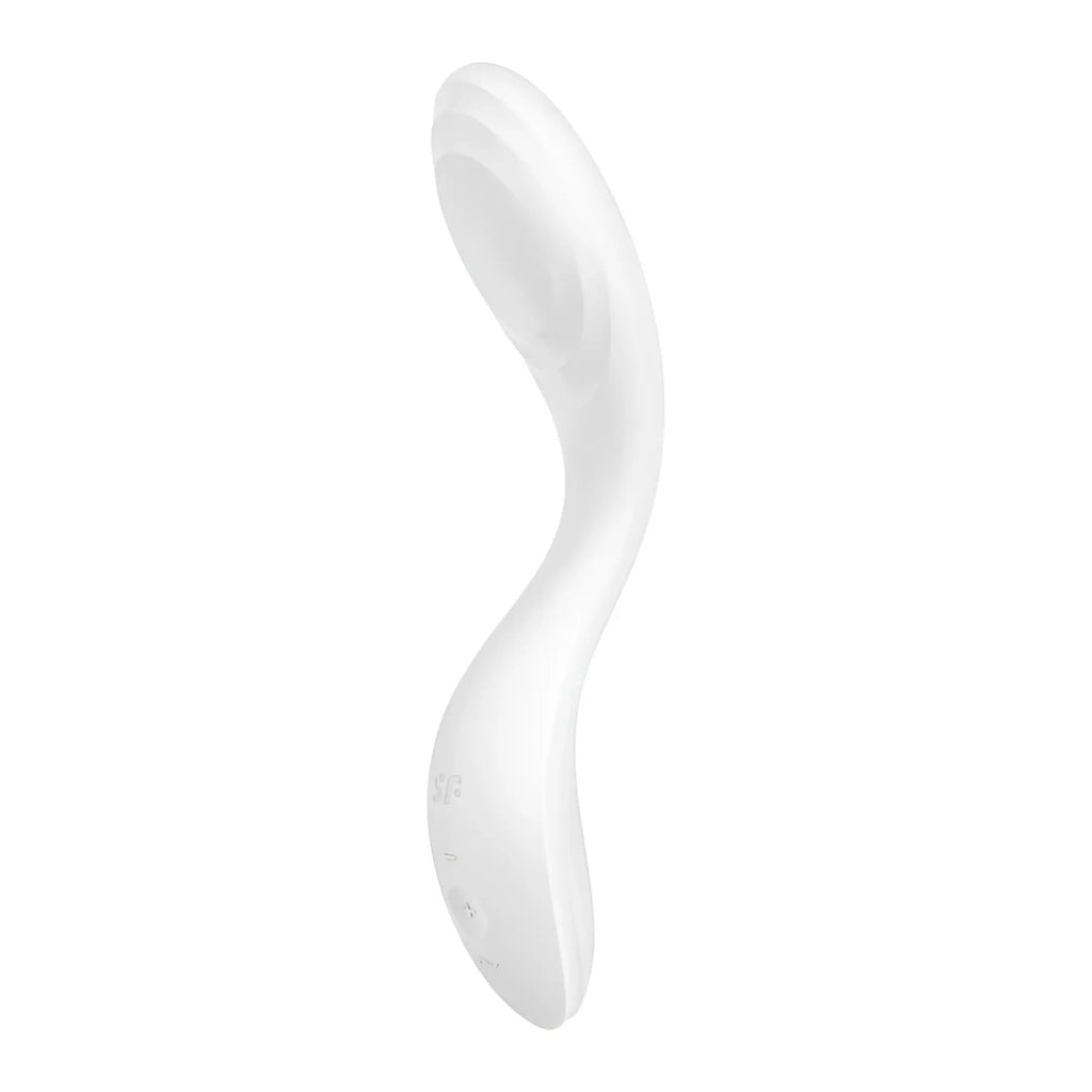White silicone curved g-spot vibrator by satisfyer with smooth ergonomic design and subtle handle branding