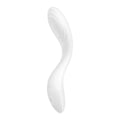 White silicone curved g-spot vibrator by satisfyer with smooth ergonomic design and subtle handle branding