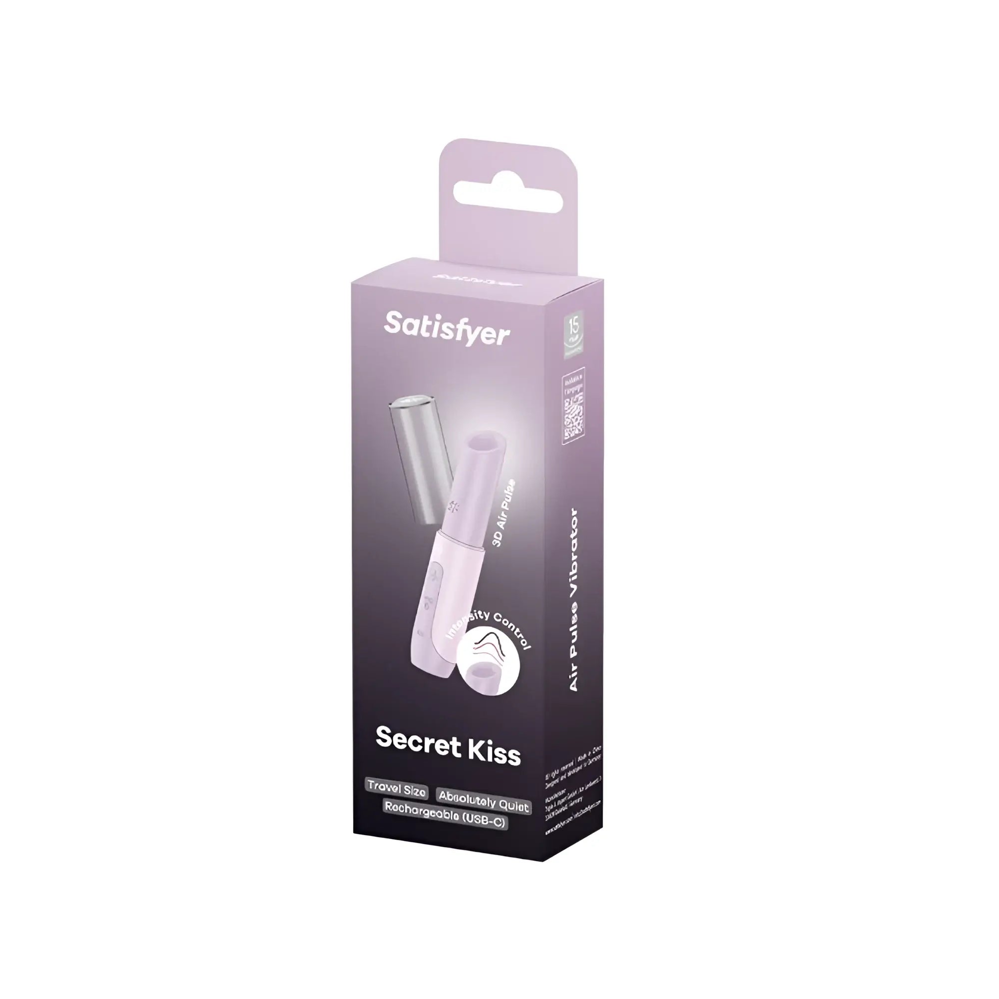 Satisfyer secret kiss air pulse vibrator in sleek lavender and black with compact design and silver accents in packaging
