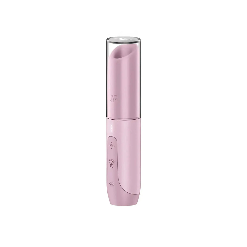 Pink silicone vibrator with clear cylindrical cap and control buttons on base from satisfyer satisfyer secret kiss