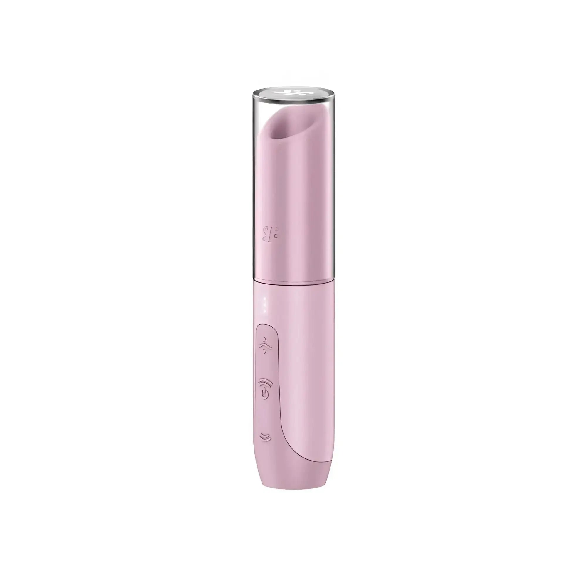 Pink silicone vibrator with clear cylindrical cap and control buttons on base from satisfyer satisfyer secret kiss