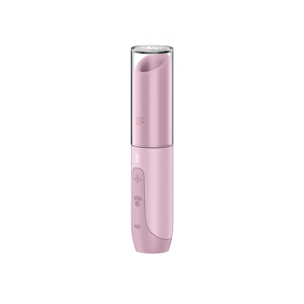 Pink silicone vibrator with clear cylindrical cap and control buttons on base from satisfyer satisfyer secret kiss