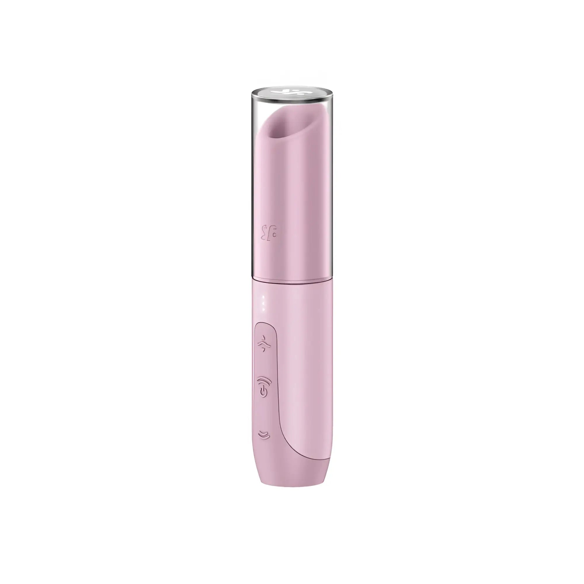 Pink silicone vibrator with clear cylindrical cap and control buttons on base from satisfyer satisfyer secret kiss