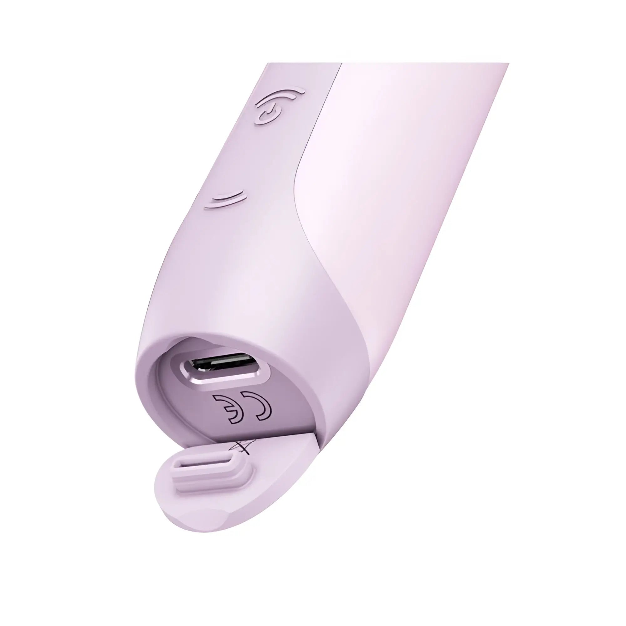 A sleek lavender satisfyer secret kiss electric device with smooth plastic body and open charging port shown from the back