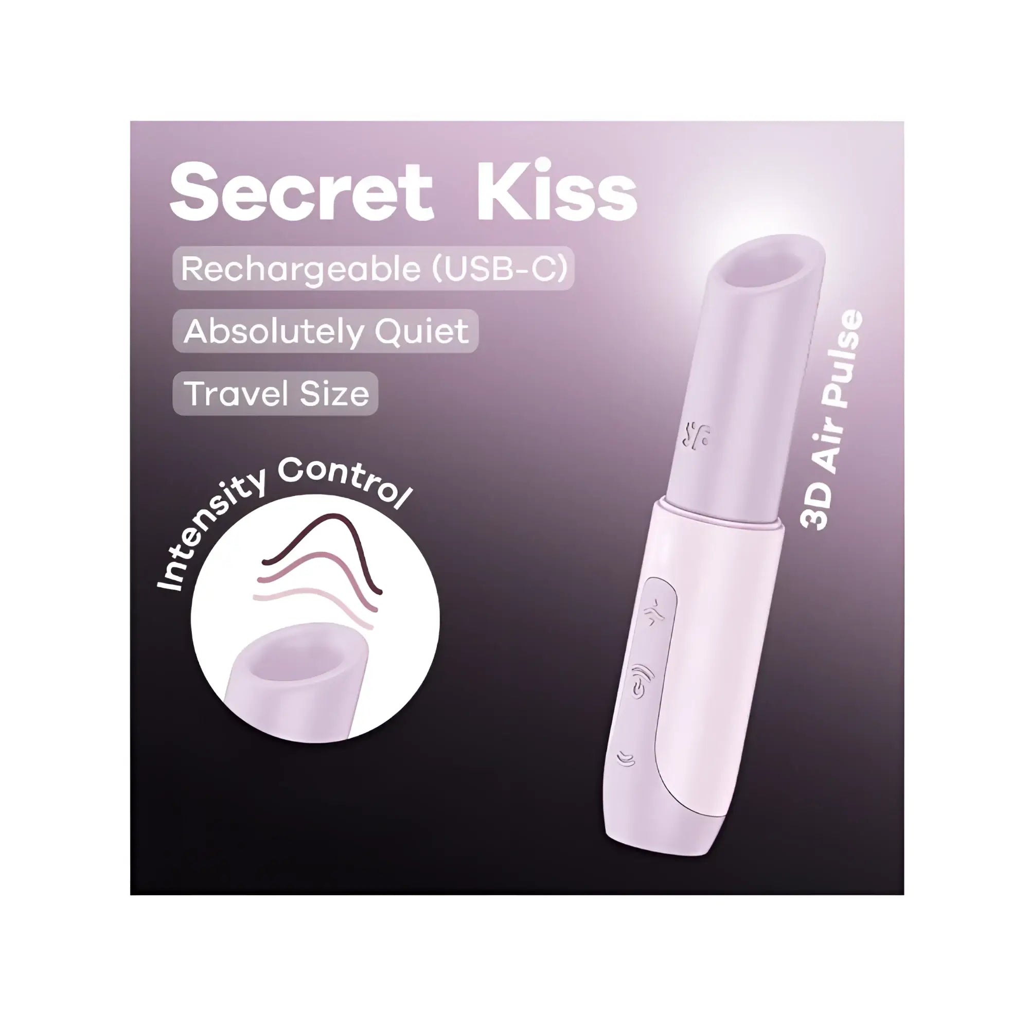 Satisfyer secret kiss lavender travel-sized rechargeable device with smooth plastic body and usb-c charging port