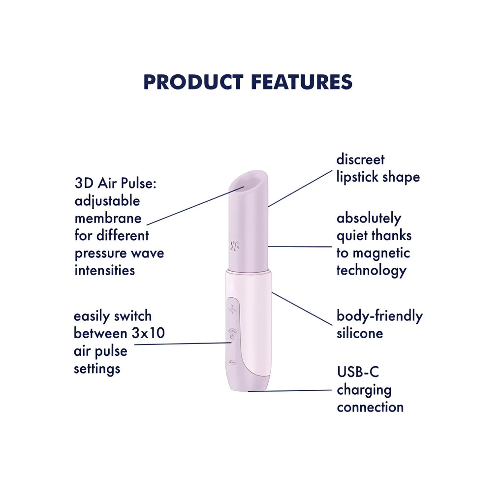 Satisfyer secret kiss sleek pale pink silicone lipstick shaped device with usb-c charging connection visible