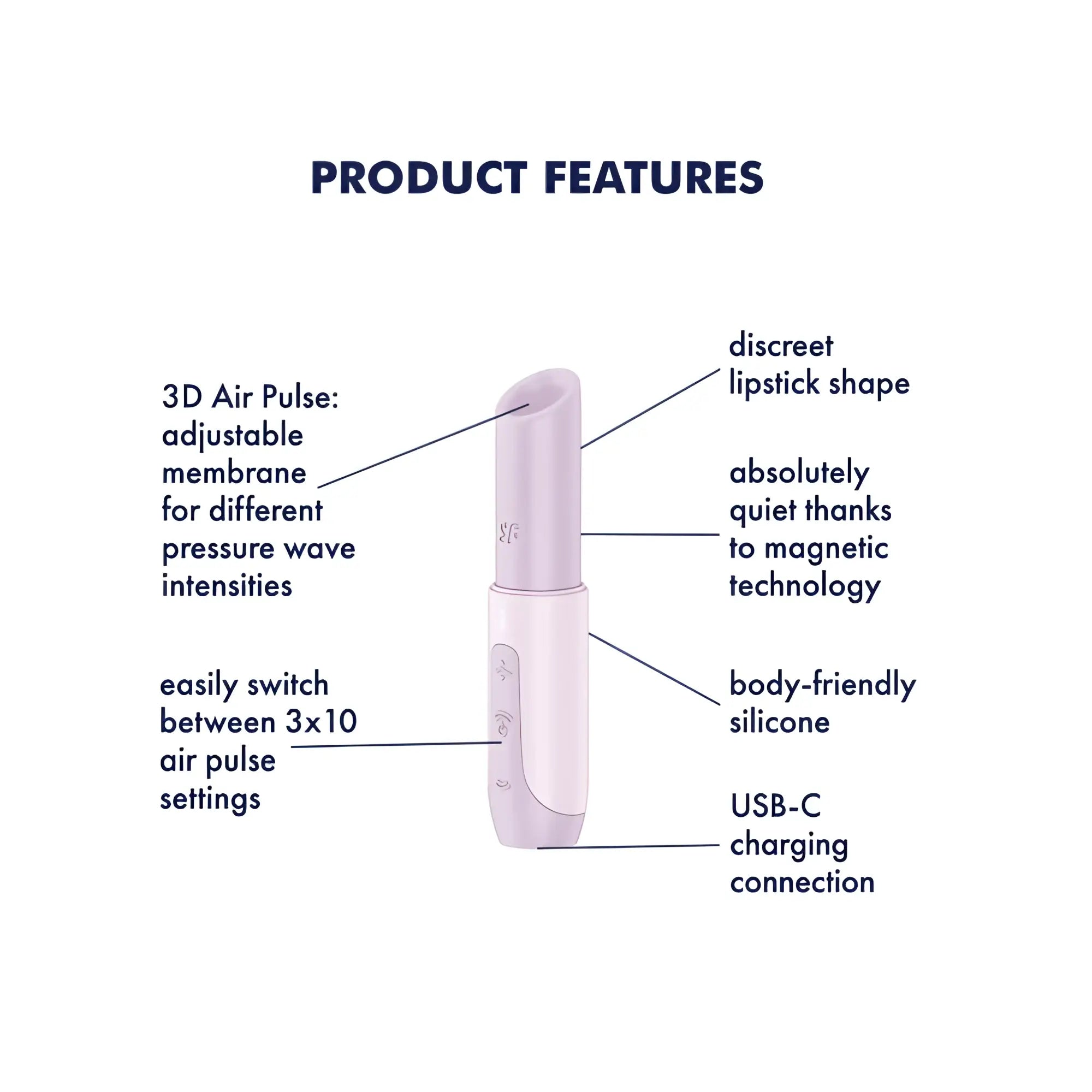 Satisfyer secret kiss sleek pale pink silicone lipstick shaped device with usb-c charging connection visible