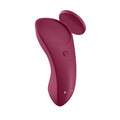 A sleek matte burgundy silicone remote control with two silver buttons for the satisfyer sexy secret panty vibe connect app