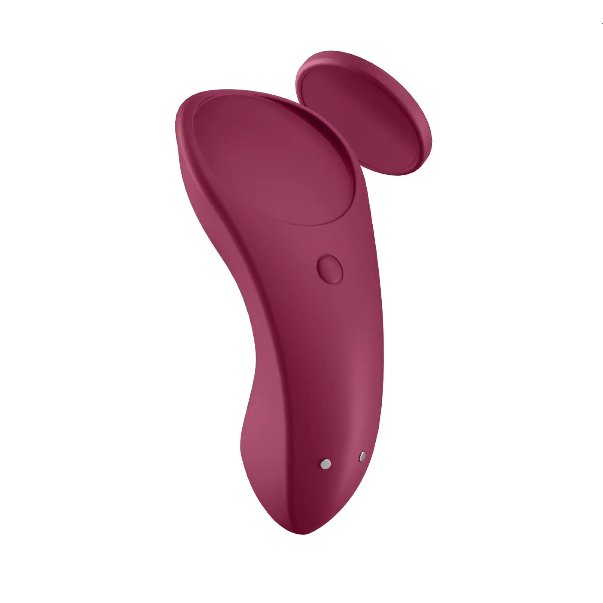 A sleek matte burgundy silicone remote control with two silver buttons for the satisfyer sexy secret panty vibe connect app