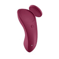 A sleek matte burgundy silicone remote control with two silver buttons for the satisfyer sexy secret panty vibe connect app